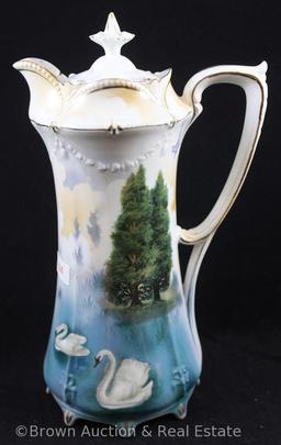 R.S. Prussia Mold 633 chocolate pot, 9.5"h, molded "Laurel" chain undecorated at top, Swans on Lake