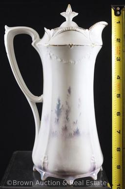 R.S. Prussia Mold 633 chocolate pot, 9.5"h, molded "Laurel" chain undecorated at top, Swans on Lake