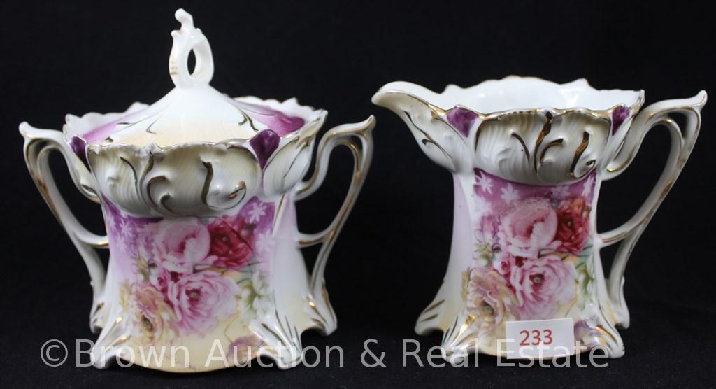 R.S. Prussia Mold 644 3.75"h creamer and cov. sugar, floral d?cor with pretty violet finish, gold