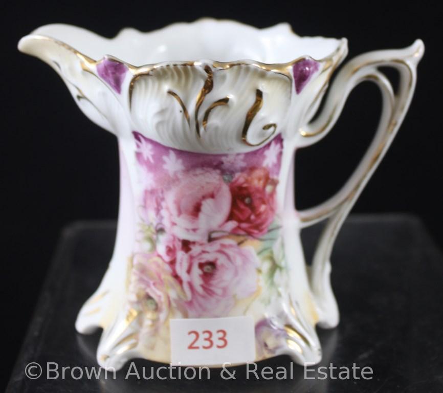 R.S. Prussia Mold 644 3.75"h creamer and cov. sugar, floral d?cor with pretty violet finish, gold