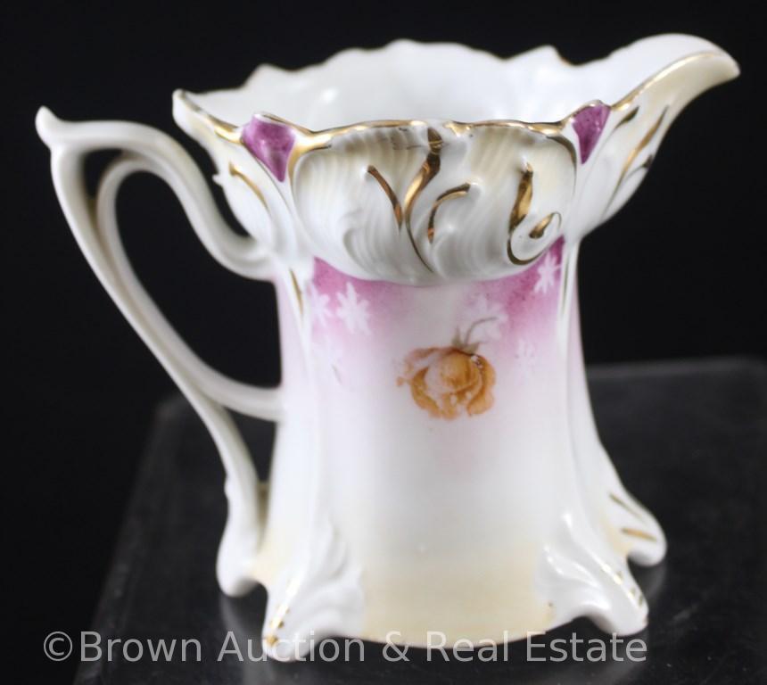 R.S. Prussia Mold 644 3.75"h creamer and cov. sugar, floral d?cor with pretty violet finish, gold