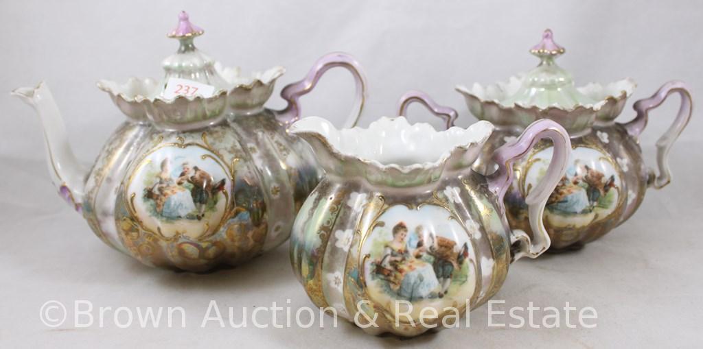 R.S. Prussia Mold 505 3-pc. Tea set, melon-shaped 5.25"h teapot, 3.5"h creamer and cov. sugar,