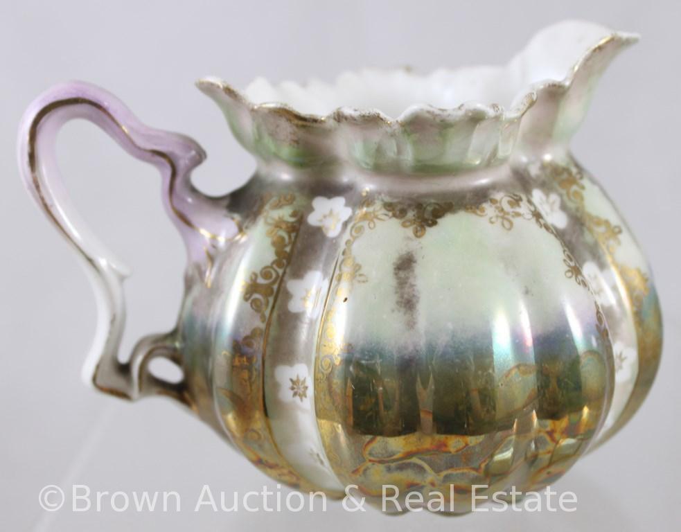 R.S. Prussia Mold 505 3-pc. Tea set, melon-shaped 5.25"h teapot, 3.5"h creamer and cov. sugar,