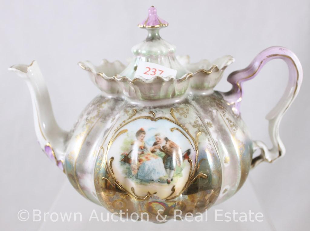 R.S. Prussia Mold 505 3-pc. Tea set, melon-shaped 5.25"h teapot, 3.5"h creamer and cov. sugar,