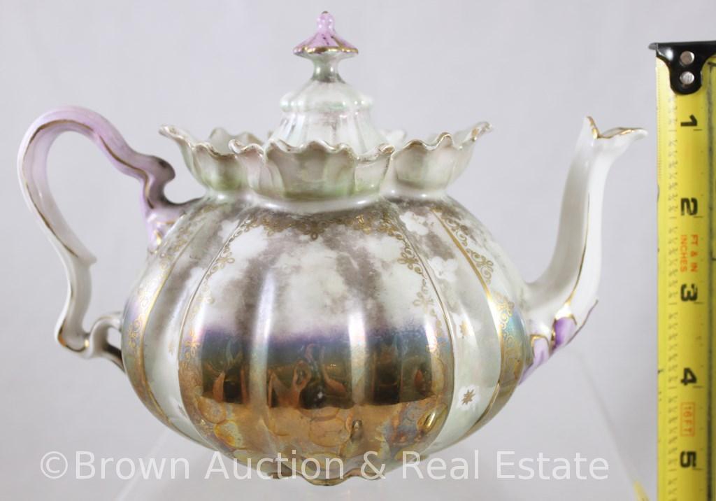 R.S. Prussia Mold 505 3-pc. Tea set, melon-shaped 5.25"h teapot, 3.5"h creamer and cov. sugar,