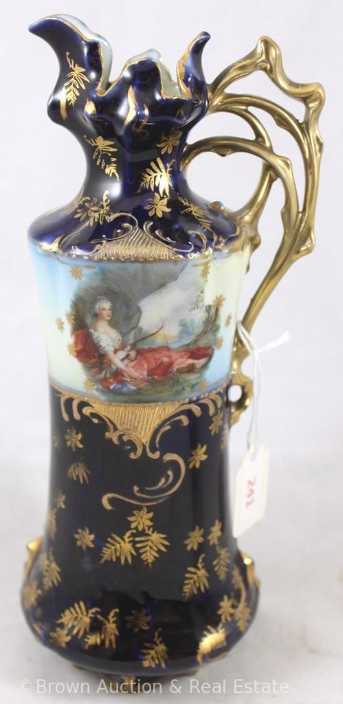 Mrkd. Germany Saxe Altenburg 9"h cobalt ewer in RSG Mold, Diana the Huntress figural d?cor/Flora on