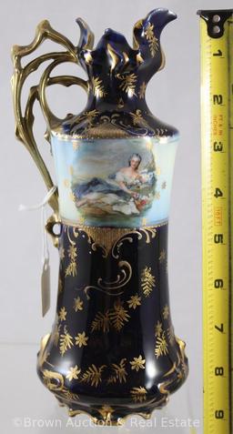 Mrkd. Germany Saxe Altenburg 9"h cobalt ewer in RSG Mold, Diana the Huntress figural d?cor/Flora on