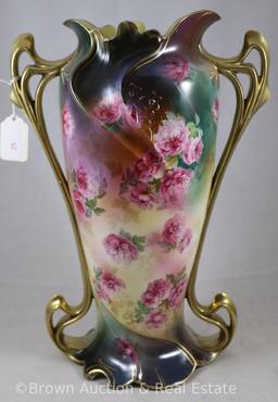 R.S. Prussia Art Nouveau 13"h vase, RV Mold 1, scattered pink flowers on dark background, gold