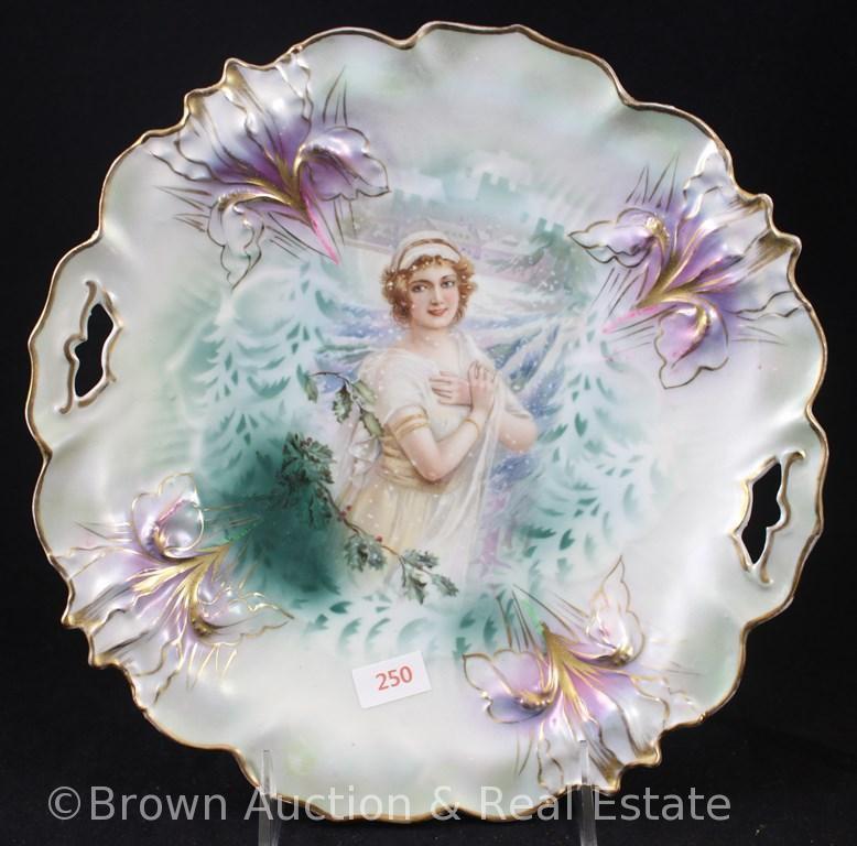 R.S. Prussia Iris Mold 25 cake plate, 9.5"d, Winter season portrait on lt. green tones, nice