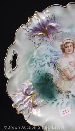 R.S. Prussia Iris Mold 25 cake plate, 9.5"d, Winter season portrait on lt. green tones, nice