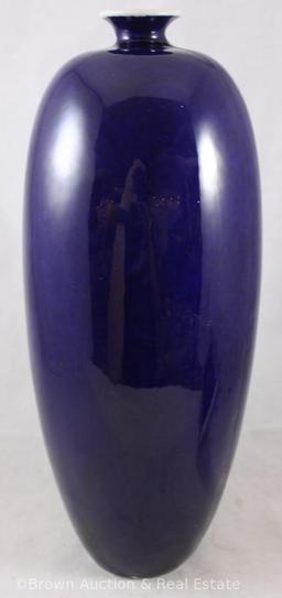 Unm. 14" tall cobalt scenic vase, woman holding onto her hat, gold accents