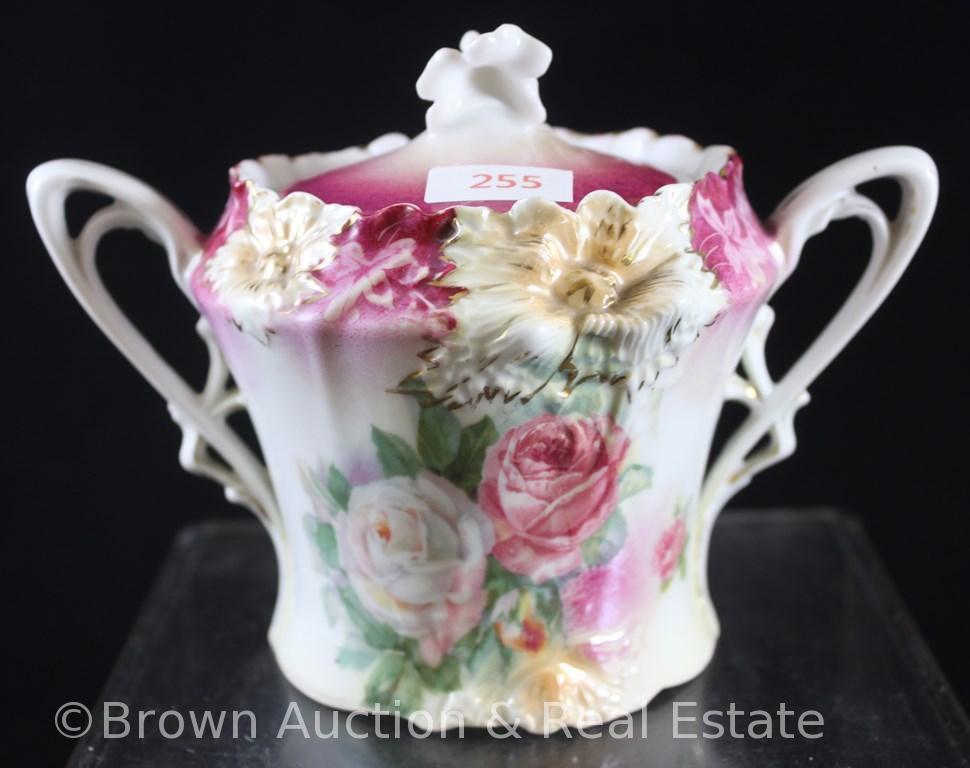 R.S. Prussia Carnation Mold 526 4"h creamer and cov. sugar, large pink and white roses on white with