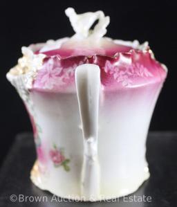 R.S. Prussia Carnation Mold 526 4"h creamer and cov. sugar, large pink and white roses on white with