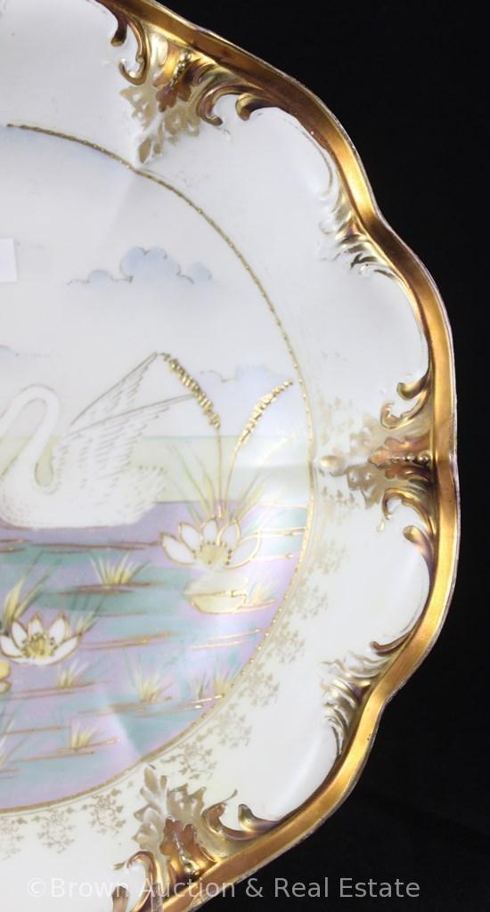 R.S. Prussia Mold 303 bowl, 10.5"d, Swan d?cor on satin finish, gold enamelling and gold stippling