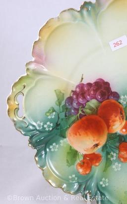 R.S. Prussia Mold 256 cake plate, 11.5"d, Fruit and chocolate pot d?cor on green tones, red mark