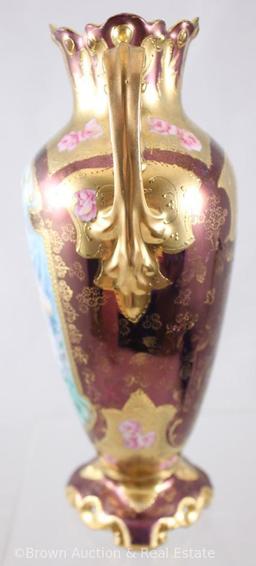 R.S. Prussia 9"h Art Nouveau vase with dbl. gold handles, Winter season portrait, Tiffany finish and