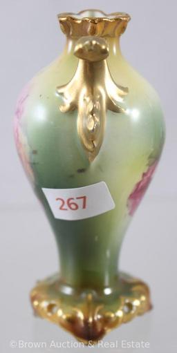 R.S. Prussia Mold 946 SS 4.25"h vase, pink poppies on green and yellow tones with gold trim and dbl.