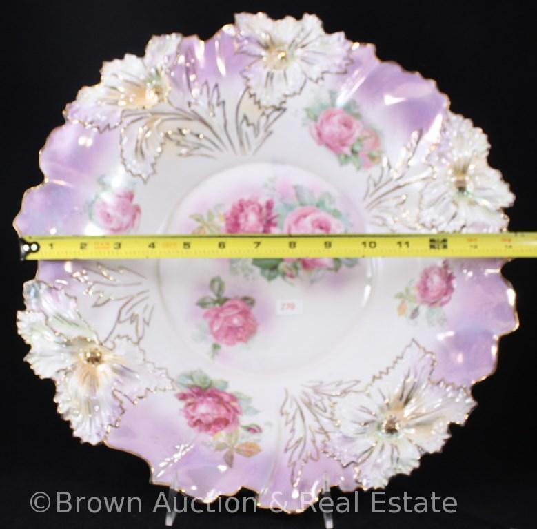 R.S. Prussia Carnation Mold 28 centerpiece bowl, 15"d, pink roses, nice purple finish on border,