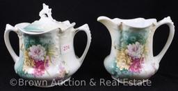 R.S. Prussia Mold 535 3.75"h creamer and cov. sugar, multi-colored flowers on white with bluish