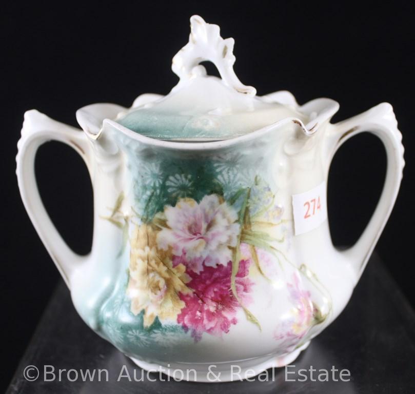 R.S. Prussia Mold 535 3.75"h creamer and cov. sugar, multi-colored flowers on white with bluish