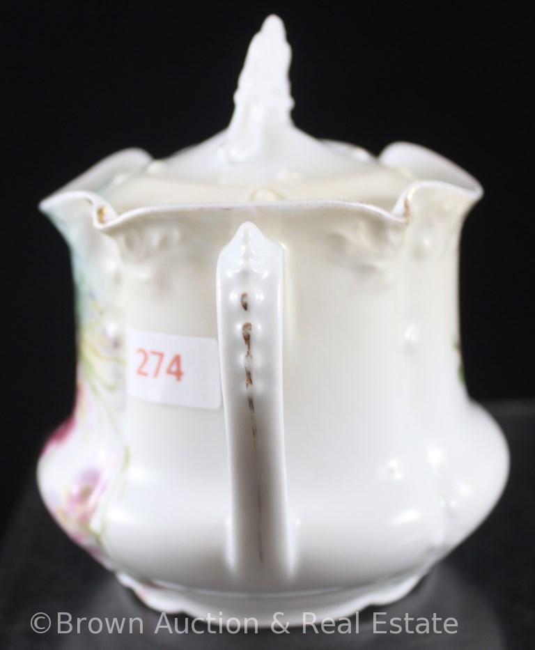 R.S. Prussia Mold 535 3.75"h creamer and cov. sugar, multi-colored flowers on white with bluish