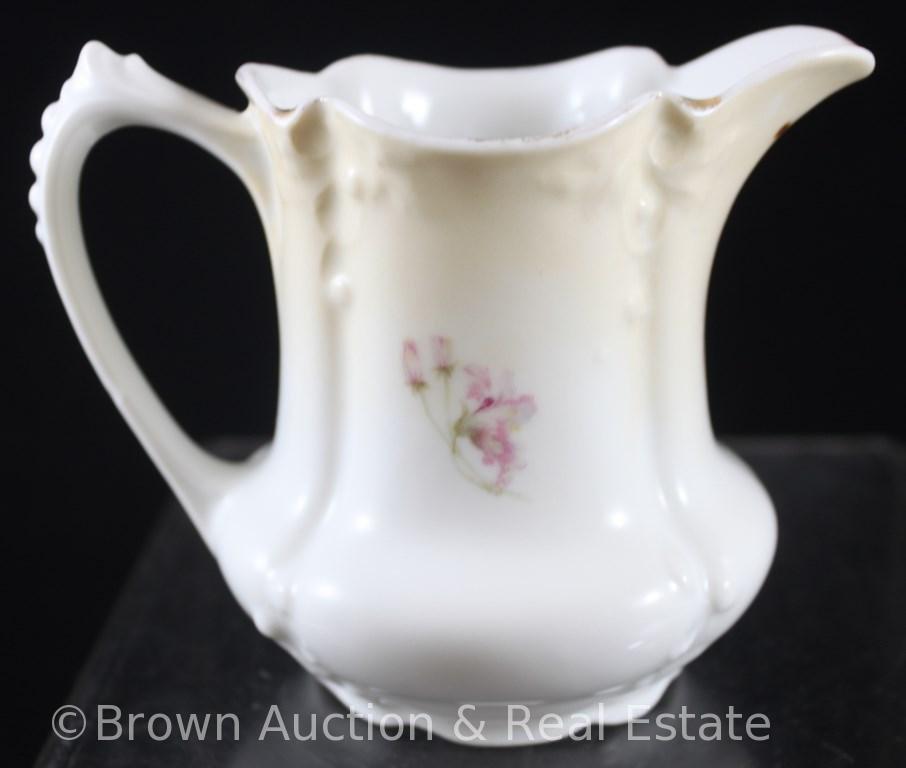 R.S. Prussia Mold 535 3.75"h creamer and cov. sugar, multi-colored flowers on white with bluish