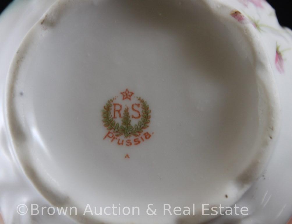 R.S. Prussia Mold 535 3.75"h creamer and cov. sugar, multi-colored flowers on white with bluish