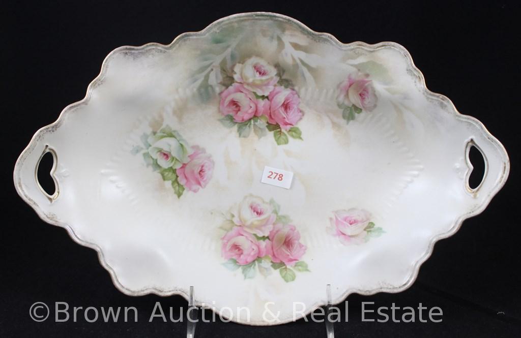 R.S. Prussia Mold 341 bun tray, 13"l x 8.5"w, pink and white roses on white satin finish, bar mold