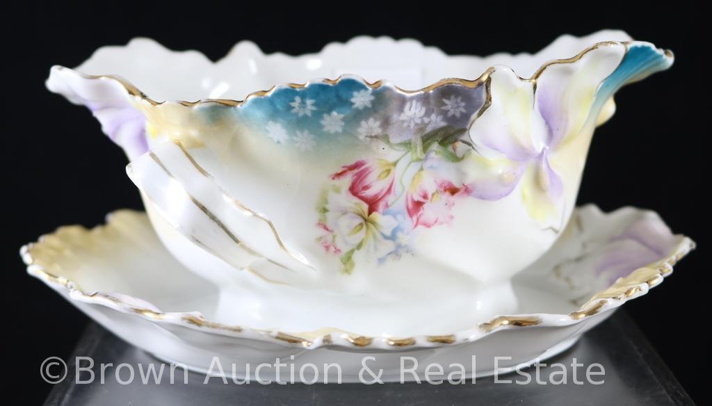 R.S. Prussia gravy boat w/attached underplate in Iris variation mold, floral d?cor (underplate has