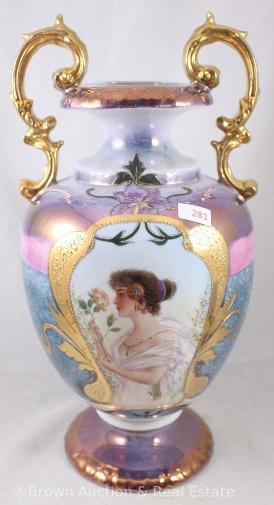 Mrkd. E.S. Germany/Prov Saxe 13"h vase, portrait of Lady smelling roses, large dbl. gold handles,
