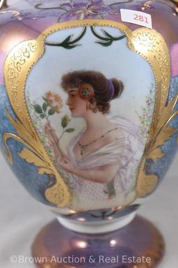 Mrkd. E.S. Germany/Prov Saxe 13"h vase, portrait of Lady smelling roses, large dbl. gold handles,