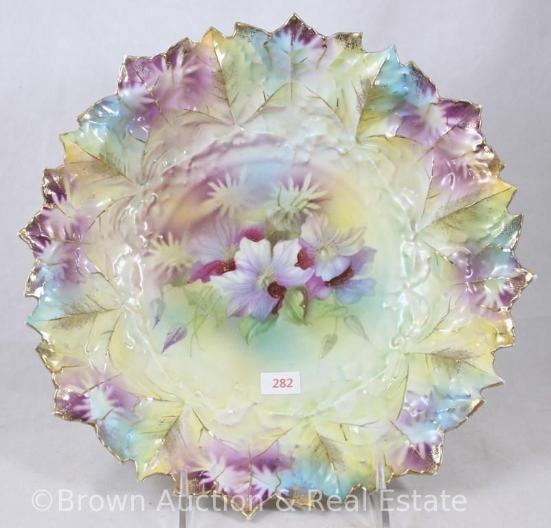 R.S. Prussia Leaf Wreath Mold 11 bowl, 10.25"d, lavender flowers with nice yellow/blue and purple