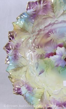 R.S. Prussia Leaf Wreath Mold 11 bowl, 10.25"d, lavender flowers with nice yellow/blue and purple