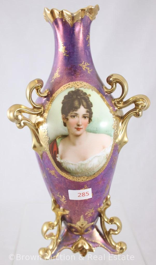 Mrkd. Royal Vienna Germany 10"h vase, Madame Recamier on elegant mold with 3 upper and 3 lower gold