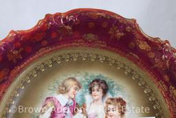 Mrkd. E.S. Germany/Prov Saxe 12"d charger, dark maroon border Courting scene (lady reading letter),