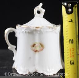 R.S. Prussia OM 3.25"h mustard pot, pink flower on white, 6-point embossed star mark