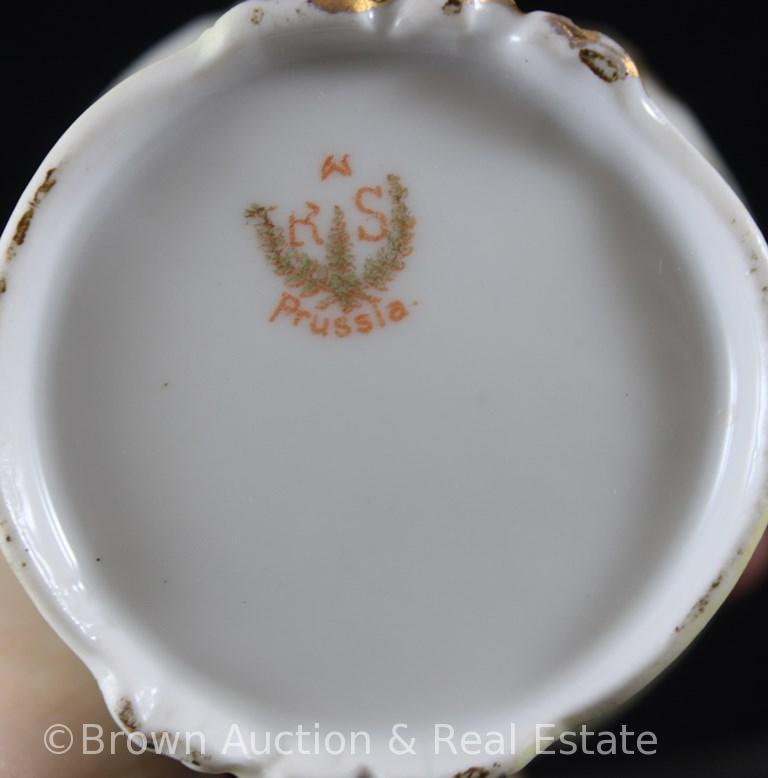 R.S. Prussia Carnation Mold 526 4"h creamer and cov. sugar, pink poppies with pretty rose/green and