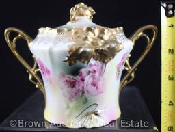 R.S. Prussia Carnation Mold 526 4"h creamer and cov. sugar, pink poppies with pretty rose/green and