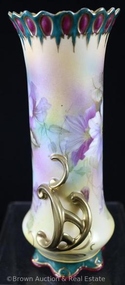 Mrkd. Royal Vienna Germany 7.5"h vase with elaborate dbl. gold handles, lavender floral d?cor on