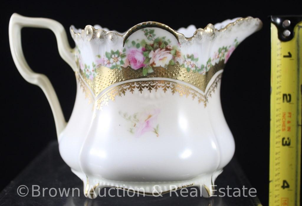 R.S. Prussia Medallion Mold 631 4"h creamer, Sitting Basket AND RSP Mold 576 3"h sugar, LeBrun II