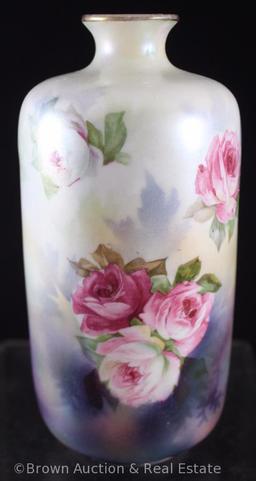 R.S. Prussia Mold 909 vase, 7"h, pink roses on satin/watered silk finish