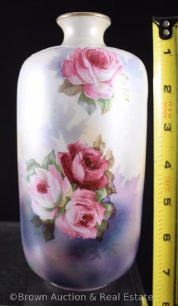 R.S. Prussia Mold 909 vase, 7"h, pink roses on satin/watered silk finish