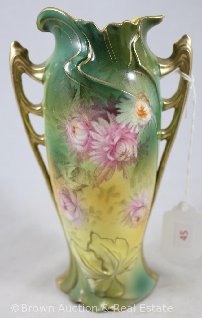 Mrkd. Royal Vienna Germany 7.5"h vase, RV Mold 12, multi-colored mums on green and yellow background