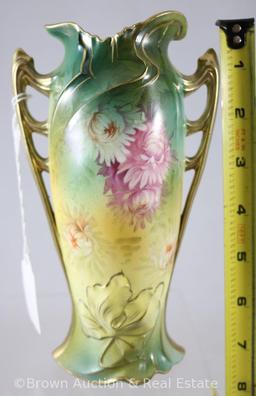 Mrkd. Royal Vienna Germany 7.5"h vase, RV Mold 12, multi-colored mums on green and yellow background