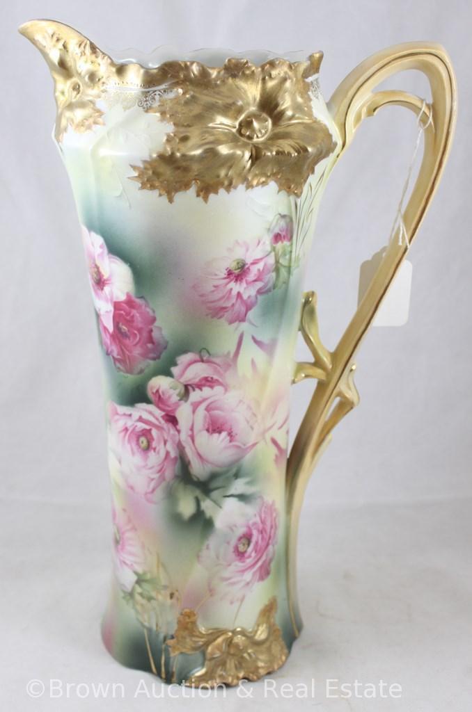 R.S. Prussia Carnation Mold 526 tankard, 13.5" tall, pink roses with carnation molded designs