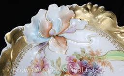 Mrkd. R.S. Germany Steeple mark 10.5"d bowl (Steeple Mold 6), mixed floral bouquet with heavy gold