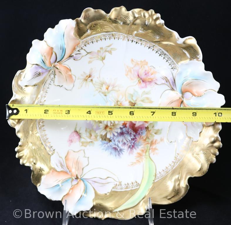 Mrkd. R.S. Germany Steeple mark 10.5"d bowl (Steeple Mold 6), mixed floral bouquet with heavy gold