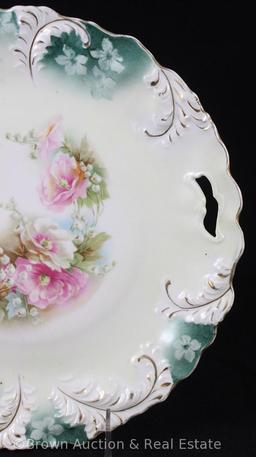 R.S. Prussia Plume Mold 16 cake plate, 9.75"d, pink and white floral d?cor, green finish on border