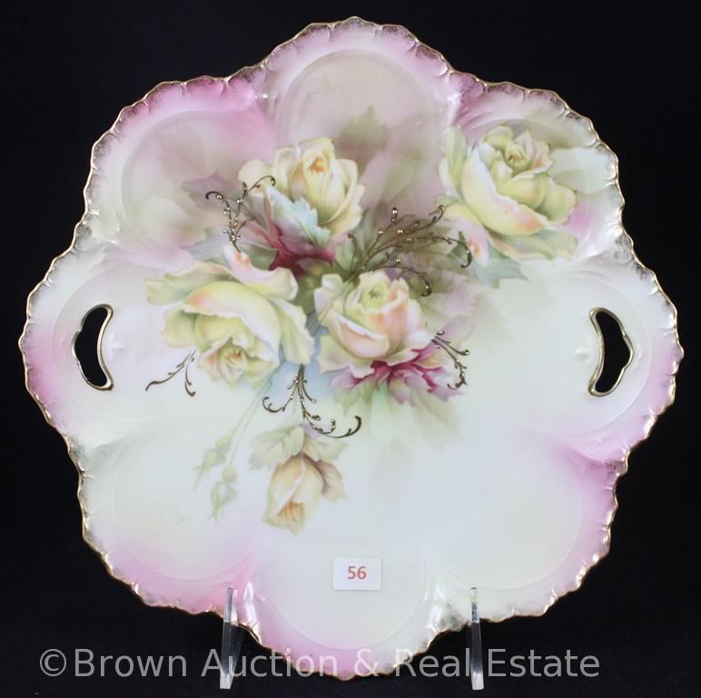 R.S. Prussia Mold 254 cake plate, 10.25"d, yellow roses, pink border shading, gold enamelled