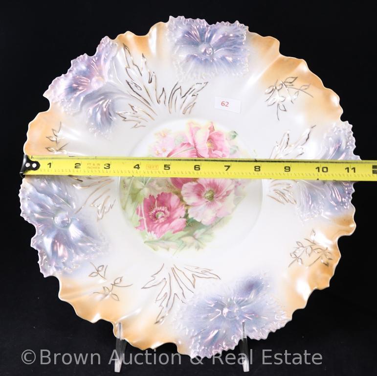 R.S. Prussia Carnation Mold 28 centerpiece bowl, 12"d, pink poppies, peach and lavender tinted